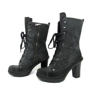 Prada Sport Grey Suede Block Heel Lace Up Mid Calf Boots SZ 37